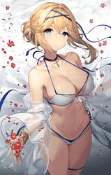  air_bubble azur_lane bare_shoulders bikini blonde_hair blue_choker blue_eyes blue_ribbon blush bracelet breasts bubble choker cleavage closed_mouth collarbone commentary cross cross_choker female flower hair_bun highres jeanne_d&#039;arc_(azur_lane) jeanne_d&#039;arc_(saintess_of_the_sea)_(azur_lane) jewelry large_breasts long_sleeves looking_at_viewer multi-strapped_bikini navel off_shoulder official_alternate_costume open_clothes petals red_flower ribbon see-through sidelocks single_hair_bun smile solo sora_72-iro stomach submerged swimsuit thigh_strap thighs underwater white_bikini wide_sleeves 