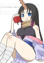  apple bad_id bad_twitter_id black_hair black_leotard blue_eyes blush_stickers breasts closed_mouth commentary_request eating elma_(maidragon) female food fruit gradient_hair highres holding holding_food horns japanese_clothes kimono kobayashi-san_chi_no_maidragon large_breasts leotard leotard_under_clothes looking_at_viewer multicolored_hair purple_hair single_horn solo translated twitter_logo yoyohachi 