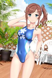  absurdres bad_id bad_pixiv_id blue_eyes blue_one-piece_swimsuit blue_sky breasts brown_hair chair cloud competition_swimsuit covered_navel day female floral_print hair_ornament hair_scrunchie high_school_fleet highleg highleg_swimsuit highres ise_sakura long_hair looking_at_viewer medium_breasts multicolored_clothes multicolored_swimsuit one-piece_swimsuit outdoors plant potted_plant scrunchie side_ponytail sky solo standing swimsuit takafumi variant_set 