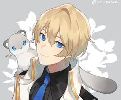  1boy animal animal_on_shoulder black_shirt blonde_hair blue_eyes blue_necktie closed_mouth ferret hair_between_eyes hiyamaru holostars jacket kishido_temma kishido_temma_(1st_costume) looking_at_viewer male_focus necktie on_shoulder pet riri_zuran shirt short_hair simple_background smile upper_body virtual_youtuber white_jacket 