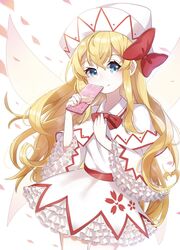  ametama_(runarunaruta5656) blonde_hair blue_eyes bow bowtie candy capelet chocolate chocolate_bar closed_mouth cowboy_shot dress eyelashes fairy fairy_wings female food frilled_dress frilled_sleeves frills hat highres holding holding_food lily_white long_hair long_sleeves looking_at_viewer petals puffy_dress red_bow red_bowtie short_dress smile solo touhou very_long_hair white_capelet white_dress white_hat wide_sleeves wings 