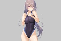  blush breast_hold breasts brown_hair cropped gray ikomochi long_hair original purple_eyes swimsuit wet 