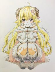  ahoge animal_ears black_footwear blonde_hair blush blush_stickers boots breasts cape closed_mouth commentary detached_sleeves dress eyelashes female full_body fur-trimmed_boots fur-trimmed_dress fur-trimmed_sleeves fur_trim fuusuke_(fusuke208) hair_between_eyes hair_ornament hairclip hands_on_own_cheeks hands_on_own_face highres hololive horns long_hair looking_at_viewer medium_breasts photo_(medium) purple_eyes sheep_ears sheep_girl sheep_horns simple_background smile solo squatting traditional_media tsunomaki_watame tsunomaki_watame_(1st_costume) twitter_username very_long_hair virtual_youtuber white_background white_dress wool 