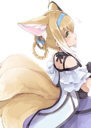  animal_ear_fluff animal_ears arknights bare_shoulders black_gloves blonde_hair blue_bow blue_hairband bow braid braided_hair_rings commentary_request e-bushi female fox_ears fox_girl fox_tail gloves hair_between_eyes hair_rings hairband hairbow highres infection_monitor_(arknights) kitsune multicolored_hair notice_lines off-shoulder_shirt off_shoulder parted_lips profile purple_skirt shirt simple_background skirt solo suzuran_(arknights) tail twin_braids two-tone_hair white_background white_hair white_shirt 