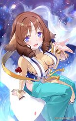  animal_ears bracelet brown_hair clothing_cutout crop_top crop_top_overhang drill_hair female fumirul head_chain highres jewelry long_sleeves looking_at_viewer open_mouth purple_eyes short_hair side_cutout solo utawarerumono utawarerumono:_lost_flag yuuhi_homare 