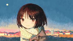  bright_pupils brown_coat brown_eyes brown_hair closed_mouth coat female full_moon highres looking_at_viewer moon original outdoors scarf short_hair sky smile solo sunrise upper_body winter_clothes zinbei 