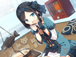  :d ainu_clothes ayakashi_kyoushuutan bead_necklace beads black_hair blue_eyes blue_legwear blush breath calendar_(object) commentary_request cura cushion dutch_angle female fish gloves hands_up headband heater highres indoors irori_(hearth) jewelry jizaikagi kerosene_heater layered_sleeves long_sleeves looking_at_viewer nabe necklace official_art on_floor open_mouth palopolo parted_bangs pot short_hair short_over_long_sleeves short_sleeves sitting smile solo steam stew yokozuwari zabuton 