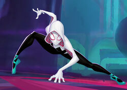  ballet_slippers black_bodysuit bodysuit en_pointe female highres hood hooded_bodysuit marvel mask official_art patrick_brown pose solo spider-gwen spider-man:_into_the_spider-verse spider-man_(series) spider-verse superhero_costume superhero_landing white_bodysuit 