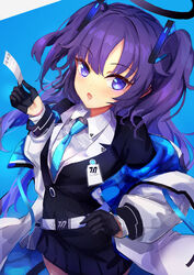  absurdres belt blue_archive blue_background commentary female gloves hair_ornament halo highres id_card jacket long_hair looking_at_viewer mechanical_halo necktie open_mouth purple_eyes purple_hair school_uniform simple_background solo ticket trrcmb yuuka_(blue_archive) 