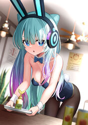  animal_ear_headphones animal_ears aqua_hair bare_arms bare_shoulders black_pantyhose blue_bow blue_bowtie blue_eyes blue_leotard blunt_bangs blurry blurry_background blurry_foreground bottle bow bowtie breasts can ceiling_fan ceiling_light chestnut_mouth cleavage collar collarbone cowboy_shot day detached_collar double_bun eyelashes fake_animal_ears female from_below gradient_hair hair_bun hair_ears hair_over_eyes headphones highres holding holding_tray indoors leaning_forward leotard long_hair looking_at_viewer medium_breasts monster_strike multicolored_hair neo_(monster_strike) open_mouth pantyhose pink_hair plant playboy_bunny rabbit_ear_headphones rabbit_ears rabbit_tail solo strapless strapless_leotard table tail thigh_gap tray tsuseki waitress white_collar white_wrist_cuffs wrist_cuffs 