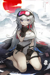  absurdres alternate_breast_size alternate_hair_length alternate_hairstyle arknights black_bag black_gloves black_socks blue_eyes breasts check_commentary chinese_text cleavage commentary commentary_request dated dress female fingerless_gloves full_body gloves goggles goggles_on_head grey_hair hand_up highres large_breasts long_hair looking_at_viewer mountain mulberry_(arknights) pouch qingfeng_canying single_sock sitting sleeveless sleeveless_dress socks solo thigh_strap translated very_long_hair wariza white_dress 