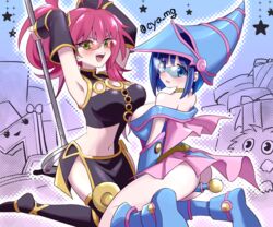  2girls ahoge armpits arms_up bare_shoulders between_legs blue-tinted_eyewear blue_eyes blue_footwear blue_hair breasts chaya_mago choker cosplay dark_magician_girl dark_magician_girl_(cosplay) detached_sleeves duel_monster evil_twin_ki-sikil evil_twin_lil-la glasses green_eyes hat ki-sikil_(yu-gi-oh!) kuriboh large_breasts lil-la_(yu-gi-oh!) md5_mismatch multiple_girls open_mouth pink-tinted_eyewear pink_hair ponytail resolution_mismatch sevens_road_witch sevens_road_witch_(cosplay) short_hair sleeveless source_larger staff sunglasses thighhighs tinted_eyewear witch_hat yu-gi-oh! yu-gi-oh!_sevens 