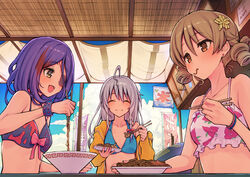  3girls ahoge bad_id bad_twitter_id bikini blue_sky chopsticks cloud commentary_request day ear_piercing eating hayasaka_mirei holding holding_chopsticks hoshi_syoko idolmaster idolmaster_cinderella_girls individuals_(idolmaster) looking_at_food morikubo_nono morimiya_masayuki multicolored_hair multiple_girls mushroom outdoors piercing print_bikini restaurant ringlets sky streaked_hair swimsuit yakisoba 