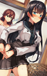  2girls agano_(kancolle) anger_vein black_hair black_sailor_collar black_shirt black_skirt blue_eyes blush brown_hair buttons closed_mouth collared_shirt commentary_request cosplay cropped_jacket empty_eyes green_eyes hair_between_eyes highres jacket jitome kantai_collection long_hair long_sleeves multiple_girls naked_towel natsu_narumi noshiro_(kancolle) noshiro_(kancolle)_(cosplay) noshiro_kai_ni_(kancolle) pleated_skirt sailor_collar shirt skirt striped_clothes striped_skirt sweat sweatdrop towel unamused weight_conscious white_jacket 