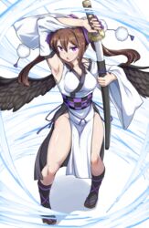  absurdres black_wings brown_hair checkered_sash feathered_wings female full_body geta hat highres himekaidou_hatate holding holding_sword holding_weapon katana kourindou_tengu_costume long_hair obi open_mouth pechimaru pom_pom_(clothes) purple_eyes sash scabbard sheath solo sword tengu-geta tokin_hat touhou twintails unsheathing weapon wide_sleeves wings 