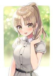  :d belt black_belt blurry blurry_background blush breasts brown_eyes brown_hair collared_dress depth_of_field dress female green_background grey_dress hand_up long_hair looking_at_viewer medium_breasts nijisanji official_alternate_costume official_alternate_hairstyle open_mouth parted_bangs ponytail puffy_short_sleeves puffy_sleeves shirt short_sleeves sister_claire sister_claire_(3rd_costume) smile solo sumisaki_yuzuna upper_body virtual_youtuber 