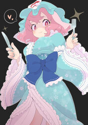  absurdres black_background blue_hat blue_kimono breasts closed_mouth female fingernails fork frilled_kimono frilled_sleeves frills hair_between_eyes hat heart highres holding holding_fork holding_knife japanese_clothes kawayabug kimono knife large_breasts long_sleeves mob_cap obi pink_eyes pink_hair saigyouji_yuyuko sash shaded_face short_hair simple_background solo spoken_heart touhou triangular_headpiece wide_sleeves 