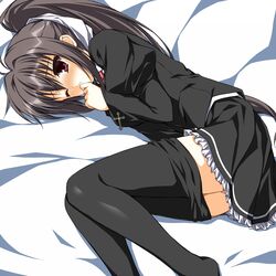  antenna_hair asagi_nanami bed_sheet black_hair black_pantyhose black_shirt black_skirt blush clenched_hand clothes_pull commentary_request cross eyebrows_hidden_by_hair eyelashes feet_out_of_frame female frilled_skirt frills hair_between_eyes hair_intakes hair_ribbon hand_to_own_mouth hand_up highres implied_masturbation juliet_sleeves kawachino_suzuna knees_together_feet_apart legs long_hair long_sleeves lying miniskirt nose_blush on_side one_eye_closed pantyhose pantyhose_pull parted_lips ponytail puffy_sleeves red_eyes ribbon sakura_no_toki school_uniform shirt skirt solo thighs very_long_hair white_ribbon 