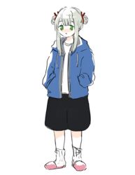  :d black_shorts blue_hoodie cosplay double_bun drawstring female full_body green_eyes grey_hair hair_bun hairband hands_in_pockets highres homocacti hood hoodie kagura_san long_sleeves loose_socks magia_record:_mahou_shoujo_madoka_magica_gaiden mahou_shoujo_madoka_magica parted_lips pink_footwear ribbed_socks sans_(undertale) sans_(undertale)_(cosplay) shirt shorts simple_background slippers smile socks solo thick_eyebrows undertale white_shirt white_socks 