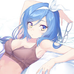  :&lt; arm_up armpits bae_minah_(chaesu) bare_arms bare_shoulders bed_sheet blue_eyes blue_hair borrowed_character breasts brown_sports_bra cleavage closed_mouth coffeekite collarbone crop_top female glasses grey-framed_eyewear hair_ribbon hairband long_hair looking_at_viewer lying medium_breasts multicolored_eyes on_back on_bed original photoshop_(medium) ribbon solo sports_bra swept_bangs unworn_eyewear upper_body white_background white_hairband white_ribbon yellow_eyes 