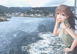  ahoge aqua_eyes arm_up armpit_peek atami_(shizuoka) black_skirt blue_sky blurry boat bokeh breasts brown_hair city cloud commentary_request day depth_of_field female grey_shirt hand_on_own_face hand_on_railing looking_to_the_side medium_breasts medium_hair mountainous_horizon ocean open_mouth original outdoors real_world_location scenery sena_(illust_sena) shirt skirt sky sleeveless sleeveless_shirt solo standing teeth upper_body upper_teeth_only wake water watercraft 