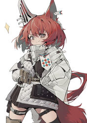  :&gt; absurdres animal_ears arknights armor black_thighhighs blush brown_eyes cowboy_shot ear_ornament earpiece female flametail_(arknights) gambeson highres iyasu_shikaku jacket long_sleeves medium_hair pouch red_hair simple_background solo sparkle squirrel_ears squirrel_girl squirrel_tail tail thigh_strap thighhighs white_background white_jacket 