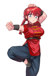  absurdres belt blue_eyes bracer braid braided_ponytail breasts chinese_clothes clenched_hands commentary female fighting_stance flats ghgnvm highres kung_fu medium_breasts pants photoshop_(medium) ranma-chan ranma_1/2 red_hair single_braid solo standing standing_on_one_leg tangzhuang white_background 