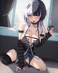  black_choker black_hair black_nails breasts choker cleavage elbow_gloves female gloves grey_hair highres holding holding_scissors hololive hololive_english large_breasts lessone looking_at_viewer multicolored_hair paid_reward_available scissors shiori_novella shiori_novella_(1st_costume) single_thighhigh solo split-color_hair striped_clothes striped_gloves thighhighs thighs tongue tongue_out virtual_youtuber window yellow_eyes 