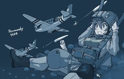  aircraft airplane blue_theme boots c-47 d-day female gloves helmet invasion_of_normandy invasion_stripes mikoyan military military_uniform original parachute paratrooper sky soldier uniform weapon world_war_ii 