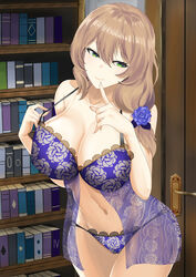  absurdres book bookshelf breasts cleavage door door_handle female finger_to_mouth floral_print flower genshin_impact green_eyes hair_between_eyes hair_flower hair_ornament hair_over_shoulder highres huge_breasts indoors lace-trimmed_panties lace_trim light_blush light_brown_hair lingerie lisa_(genshin_impact) long_hair looking_at_viewer low-tied_long_hair navel negligee panties purple_flower purple_panties see-through sleeveless smile solo tian_kazuki underwear underwear_only 