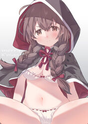  black_capelet bra braid breasts brown_hair capelet female hair_ribbon hood hood_up hooded_capelet kantai_collection large_breasts long_hair navel panties red_ribbon ribbon sanninme_no_haru shinshuu_maru_(kancolle) solo twin_braids underwear white_bra white_panties 