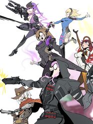  6+girls airborne armored_boots black_bodysuit blonde_hair blue_bodysuit blue_eyes blue_hair bodysuit boots breasts brown_hair cassidy_(overwatch) cassidy_(overwatch)_(cosplay) cleavage cosplay covered_navel cowboy_hat d.va_(overwatch) d.va_(overwatch)_(cosplay) dual_wielding english_commentary feather_hair_ornament feathers gawr_gura gloves goggles goggles_on_head grey_hair gun hair_ornament hat heterochromia highres holding holding_gun holding_weapon hololive hololive_english hood hood_up irys_(hololive) knee_boots long_hair looking_up medium_breasts mercy_(overwatch) mercy_(overwatch)_(cosplay) moira_(overwatch) moira_(overwatch)_(cosplay) mori_calliope multicolored_hair multiple_girls nanashi_mumei overwatch overwatch_1 pilot_suit pink_hair ponytail purple_bodysuit purple_eyes reaper_(overwatch) reaper_(overwatch)_(cosplay) science_fiction streaked_hair tokoyami_towa virtual_youtuber watson_amelia weapon white_background white_gloves widowmaker_(overwatch) widowmaker_(overwatch)_(cosplay) zedd_(zedgawr) 