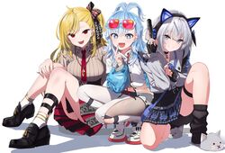  3girls absurdres animal_ear_headphones animal_ears black_corset black_footwear black_gloves black_skirt blonde_hair blue_bow blue_eyes blue_hair blush bow breasts cat_ear_headphones cat_slippers choker closed_mouth collared_shirt corset earrings eyewear_on_head fake_animal_ears fingerless_gloves frilled_shirt frills full_body genuflecting gloves grey_footwear grey_hair grey_shirt grin gun hairbow hand_on_own_knee headphones high-waist_skirt highres holding holding_gun holding_weapon holoh3roes hololive hololive_indonesia hood hoodie jewelry kaela_kovalskia kaela_kovalskia_(business_casual) knees_up kobo_kanaeru kobo_kanaeru_(1st_costume) large_breasts leg_warmers long_hair long_sleeves looking_at_viewer multicolored_hair multiple_girls necklace necktie official_alternate_costume on_one_knee open_mouth pleated_skirt purple_eyes red_eyes red_necktie shinomu_(cinomoon) shirt simple_background sitting skirt smile socks squatting thigh_strap two-tone_hair two-tone_skirt v vestia_zeta vestia_zeta_(jirai_kei) virtual_youtuber weapon white_background white_hair white_hoodie white_sneakers white_socks 