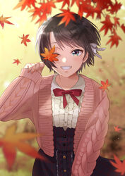  aran_sweater autumn autumn_leaves black_hair blouse blue_skirt blurry blurry_background blurry_foreground bow bowtie cable_knit cardigan center_frills commentary covering_one_eye depth_of_field eyelashes falling_leaves female frilled_shirt frilled_shirt_collar frills green_eyes grin hair_ribbon holding holding_leaf hololive leaf long_sleeves looking_at_viewer maple_leaf meme_attire nail_polish official_alternate_costume one_eye_closed oozora_subaru oozora_subaru_(casual) outdoors pink_cardigan pink_nails pink_sweater plaid plaid_skirt red_bow red_bowtie red_ribbon ribbon shirt short_hair skirt smile solo standing sweater swept_bangs tree upper_body virgin_killer_outfit virtual_youtuber white_ribbon white_shirt yamamori_umi 