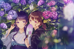  2girls black_kimono blue_flower blunt_bangs blurry blurry_foreground blush brown_hair covering_own_mouth depth_of_field earrings floral_print flower flower_earrings hair_ornament hairclip hand_fan hand_up holding holding_fan hydrangea hydrangea_print japanese_clothes jewelry kimono kusaka_kou leaf leaf_print long_hair looking_at_viewer multiple_girls original outdoors paper_fan parted_lips pink_eyes pink_flower plant ponytail print_kimono purple_eyes purple_hair rain uchiwa upper_body water white_kimono x_hair_ornament yukata 