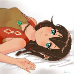  amy_(suisei_no_gargantia) bare_shoulders blue_eyes blush braid breasts brown_hair closed_mouth female hair_ornament kokko looking_at_viewer lying on_back short_hair signature smile solo suisei_no_gargantia 