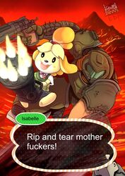  1boy absurdres animal_crossing assault_visor blood commentary crossover doom_(series) doom_eternal doomguy eldevoradordeflanes english_commentary english_text female furry furry_female gatling_gun green_visor hell highres holding holding_weapon isabelle_(animal_crossing) mark_of_the_doom_slayer md5_mismatch praetor_suit profanity red_theme self-upload smile speech_bubble weapon 