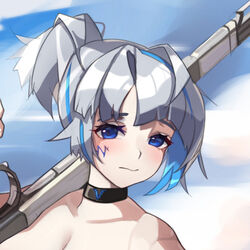  alchemy_stars azure_(alchemy_stars) bare_shoulders black_choker blue_eyes blue_hair blush breasts choker cleavage commentary_request facial_mark female grey_hair looking_at_viewer md5_mismatch multicolored_hair no_headwear plabit ponytail portrait resolution_mismatch short_hair solo source_larger source_mismatch streaked_hair 