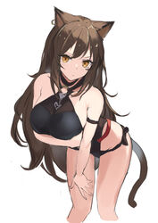  :/ animal_ears arknights arm_strap arm_under_breasts bare_arms bare_shoulders black_choker black_one-piece_swimsuit blush breasts brown_eyes brown_hair cat_ears cat_girl cat_tail choker closed_mouth collarbone cowboy_shot cropped_legs earrings female frown highres jewelry large_breasts leaning_forward long_hair looking_at_viewer mizu_(lzzrwi603) o-ring o-ring_swimsuit official_alternate_costume one-piece_swimsuit simple_background single_earring skyfire_(arknights) skyfire_(temperature_difference)_(arknights) solo standing swimsuit tail thighs very_long_hair white_background 