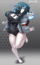  absurdres abyssal_ship aqua_eyes bare_legs barefoot black_hair black_one-piece_swimsuit blush breasts commentary_request covered_navel eyes_visible_through_hair female glowing glowing_eyes hair_over_one_eye highres hood hood_down hoodie huge_breasts jacket kantai_collection konoshige_(ryuun) leg_up long_hair long_sleeves looking_at_viewer one-piece_swimsuit open_mouth pale_skin rigging school_swimsuit simple_background solo standing standing_on_one_leg swimsuit yo-class_submarine 