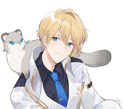  1boy animal_on_shoulder black_shirt blonde_hair blue_eyes blue_necktie closed_mouth ferret hair_between_eyes hiyamaru holostars jacket kishido_temma kishido_temma_(1st_costume) long_sleeves looking_at_viewer male_focus necktie on_shoulder pet riri_zuran shirt short_hair signature simple_background smile virtual_youtuber white_background white_jacket 