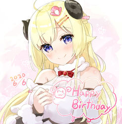  ahoge animal_ears blonde_hair blush braid breasts brooch closed_mouth commentary dated detached_sleeves dress eyelashes female fur-trimmed_dress fur-trimmed_sleeves fur_trim fuumi_(radial_engine) hair_ornament hairclip half_updo hand_on_own_chest happy_birthday head_tilt hololive horns jewelry long_hair looking_at_viewer medium_breasts pink_background purple_eyes red_ribbon ribbon sheep sheep_ears sheep_girl sheep_horns simple_background smile solo tsunomaki_watame tsunomaki_watame_(1st_costume) upper_body very_long_hair virtual_youtuber white_background white_dress 