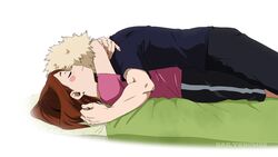  1boy arms_around_neck artist_name bakugou_katsuki black_pants blush_stickers boku_no_hero_academia brown_hair closed_eyes closed_mouth commentary english_commentary female highres hug krumbs_(dailykrumbs) lying on_back pants shirt short_sleeves straight uraraka_ochako watermark 