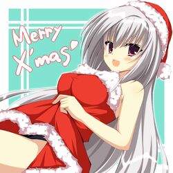  :d aqua_background asagi_nanami bare_arms black_panties blush border breasts christmas clothes_lift commentary_request dracu-riot! dress dress_lift dutch_angle elena_olegovna_owen eyebrows_hidden_by_hair eyelashes female fur-trimmed_dress fur_trim grey_hair hair_between_eyes hat large_breasts lifting_own_clothes long_hair looking_at_viewer merry_christmas open_mouth panties panty_peek red_eyes santa_dress santa_hat short_dress simple_background smile solo strapless strapless_dress underwear very_long_hair white_border white_fur 