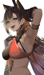  animal_ears arm_up armpits black_gloves black_hair blue_eyes breasts brown_hair crossed_bangs dark-skinned_female dark_skin dehya_(genshin_impact) ear_piercing female gaitoou genshin_impact gloves highres large_breasts looking_at_viewer multicolored_hair open_mouth piercing simple_background smile solo streaked_hair upper_body white_background 