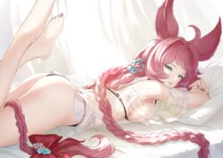  aiu_eo animal_ears ass bad_id bad_pixiv_id barefoot bed bed_sheet bikini blue_eyes braid breasts commentary_request curtains erune feet_up female granblue_fantasy hair_ornament long_hair looking_at_viewer lying official_alternate_costume on_bed on_stomach pillow red_hair solo swimsuit tien_(granblue_fantasy) tien_(twins_on_vacation)_(granblue_fantasy) twin_braids 