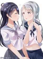  2girls ahoge asymmetrical_bangs bad_id bad_twitter_id black_hair blue_bow blue_hairband blue_sailor_collar blue_skirt bow commentary_request cosplay costume_switch cowboy_shot grey_hair grey_sailor_collar grey_skirt hairband headband juurouta kantai_collection long_hair midriff multiple_girls navel one-hour_drawing_challenge pleated_skirt purple_eyes remodel_(kantai_collection) ribbon sagiri_(kancolle) sagiri_(kancolle)_(cosplay) sailor_collar school_uniform serafuku short_sleeves skirt swept_bangs twitter_username ushio_(kancolle) ushio_(kancolle)_(cosplay) white_hairband white_ribbon 