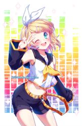  ;d arm_at_side armpits bare_shoulders belt belt_buckle black_shorts blonde_hair blue_eyes blush buckle commentary_request contrapposto cowboy_shot detached_sleeves female glint hair_ornament hair_ribbon hairband hairclip head_tilt headset kagamine_rin long_sleeves multicolored_background navel neckerchief neko-rina one_eye_closed open_mouth ribbon short_hair shorts smile solo sparkle standing stomach swept_bangs tareme treble_clef vocaloid white_ribbon 