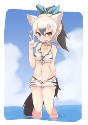  :d aardwolf_(kemono_friends) aardwolf_print absurdres animal_ears animal_print bad_id bad_pixiv_id bare_shoulders bikini black_eyes black_hair blue_sky breasts cloud day extra_ears female groin hair_between_eyes hair_ribbon hand_up heart heart-shaped_pupils highres jewelry kemono_friends kemono_friends_festival looking_at_viewer medium_breasts multicolored_hair navel necklace oerba_yun_fang official_alternate_costume open_clothes open_fly open_mouth open_shorts outdoors ponytail ribbon shell shell_necklace short_hair short_shorts shorts sky smile solo stomach swimsuit symbol-shaped_pupils tail teranekosu two-tone_hair w wading water white_hair 