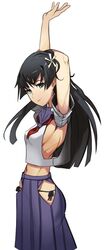  armpit_cutout arms_up bad_id bad_pixiv_id black_hair black_panties blue_eyes blue_skirt blunt_ends breasts clothing_cutout commentary commission crop_top crop_top_overhang feet_out_of_frame female flower from_side hair_flower hair_ornament highres hip_bones hip_vent long_hair low-cut_armhole lowleg lowleg_panties medium_breasts midriff navel no_bra panties perky_breasts pleated_skirt polyle sakugawa_school_uniform saten_ruiko school_uniform serafuku short_sleeves side-tie_panties sideboob simple_background skirt solo standing stomach stretching summer_uniform toaru_kagaku_no_railgun toaru_majutsu_no_index underwear white_background 